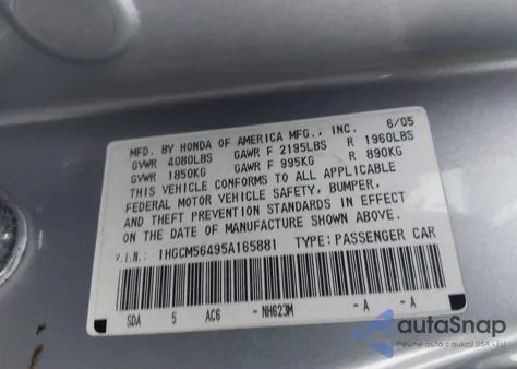 2005 Honda Accord 2.4 Lx from USA, damaged, VIN 1HGCM56495A165881